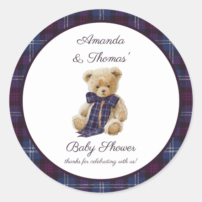 Pegatina Redonda Luxury Tartan Baby Shower thank You (Anverso)