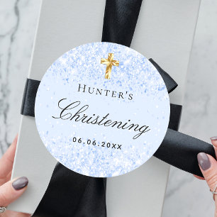 Pegatina Redonda Luz de bautizo niño purpurina azul claro cruz