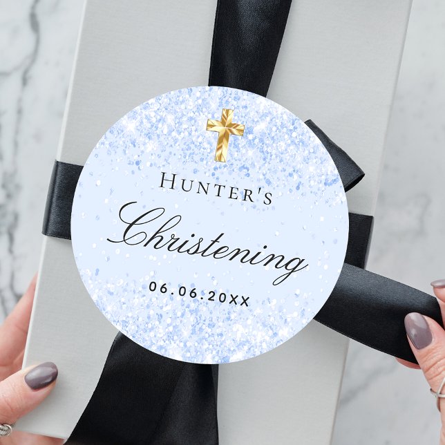 Pegatina Redonda Luz de bautizo niño purpurina azul claro cruz (Subido por el creador)