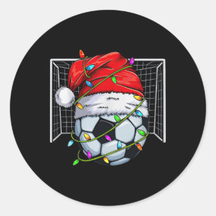 Pegatina Redonda Luz de Navidad de fútbol Gorro de Santa Amante del