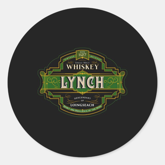 Pegatina Redonda Lynch Whiskey Vieja Familia Irlandesa Nombres de m (Anverso)