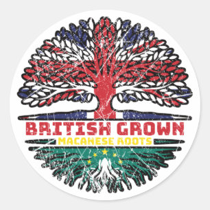 Pegatina Redonda Macao Bandera de raíces británicas de árboles brit