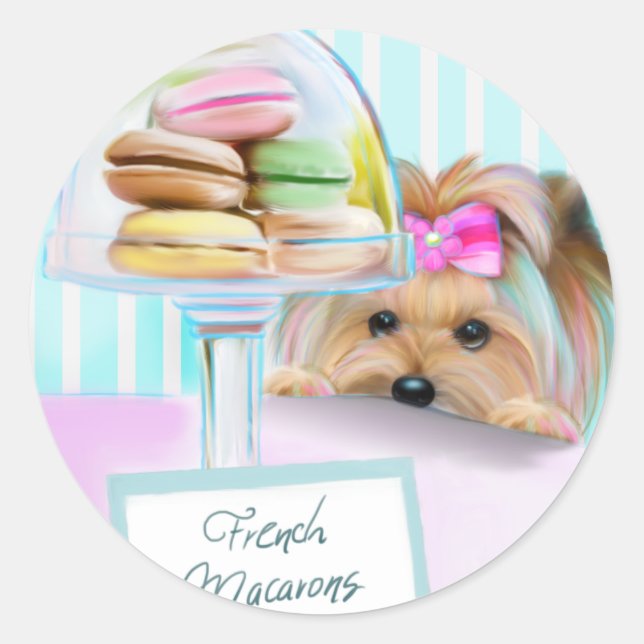 Pegatina Redonda Macarones franceses yorkie (Anverso)