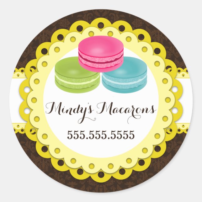Pegatina Redonda Macarons Bakery Damask Semillas de vieiras amarill (Anverso)