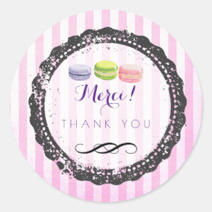 Pegatina Redonda Macarons On Pink Stripes Gracias
