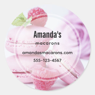Pegatina Redonda Macarons rosados y negocios de frambuesas rojas