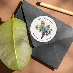 Pegatina Redonda Macaw tropical salva al Boda de fechas