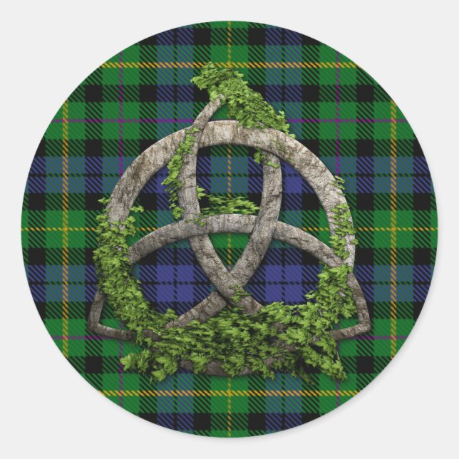 Pegatina Redonda MacBride Tartan Y Celtic Trinity Knot (Anverso)