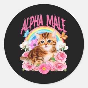 Pegatina Redonda Macho Alfa Gato Divertido Gatito Floral Arcoíris