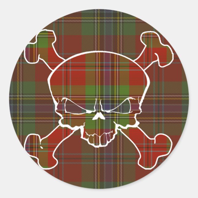 Pegatina Redonda MacLean Tartan Skull Sin Pancarta (Anverso)