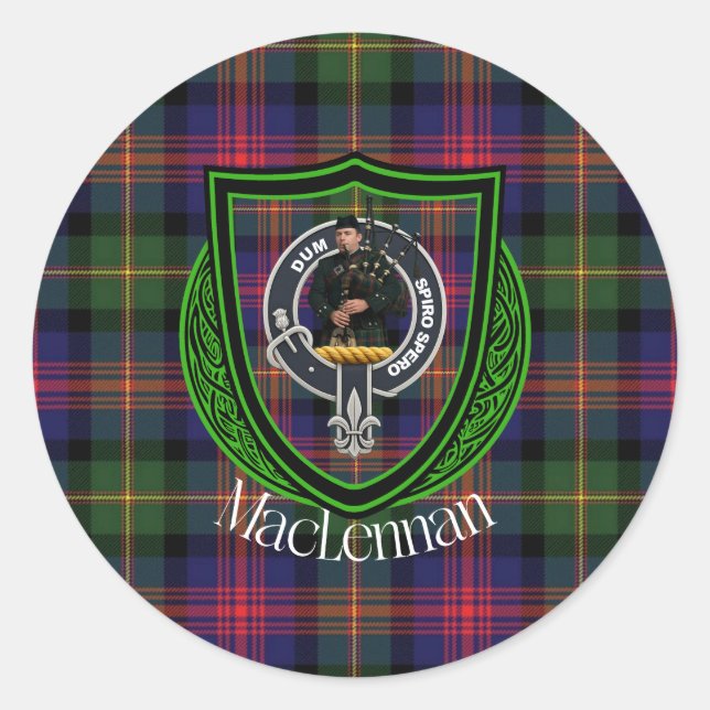 Pegatina Redonda MacLennan Scottish Clan Tartan & Crest (Anverso)