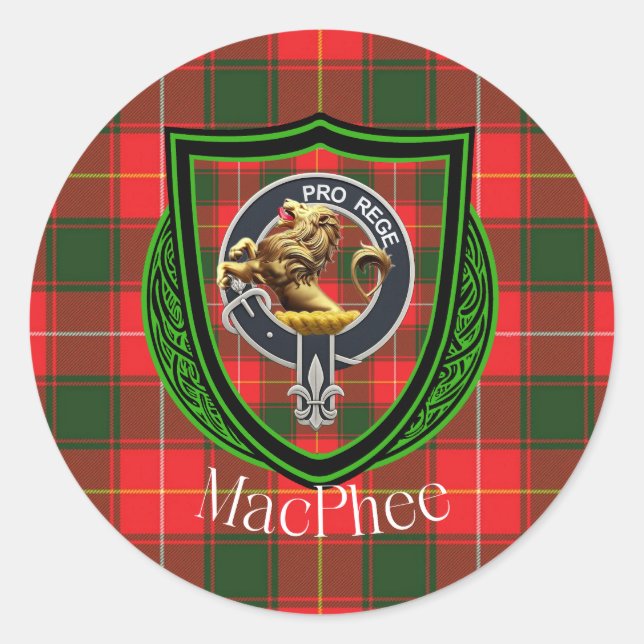 Pegatina Redonda MacPhee Scottish Clan Tartan & Crest (Anverso)
