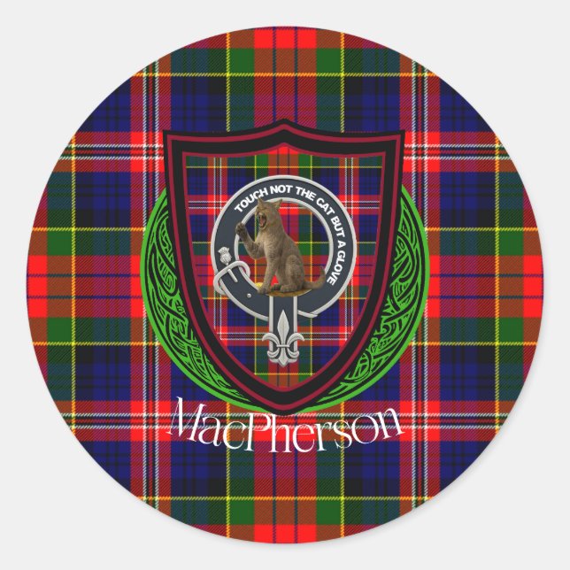 Pegatina Redonda MacPherson Scottish Clan Tartan & Crest (Anverso)