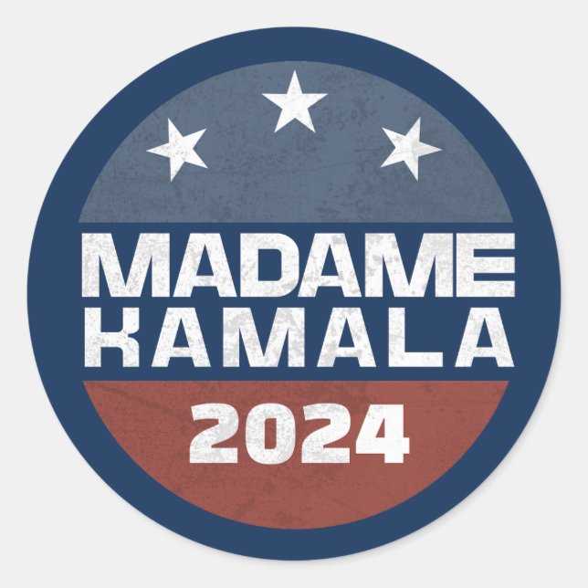 Pegatina Redonda Madame Kamala Harris 2024 para Presidente Patrióti (Anverso)