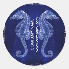Pegatina Redonda madera blanquecina costera caballito de mar azul n