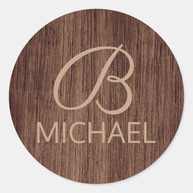Pegatina Redonda Madera De Grano De Madera Con Nombre Personalizado (Anverso)