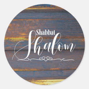 Pegatina Redonda Madera Deteriorada Shabbat Shalom, Azul Oscuro Dor