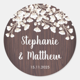 Pegatina Redonda Madera Rusa Babia Respiración Gypsophila Boda