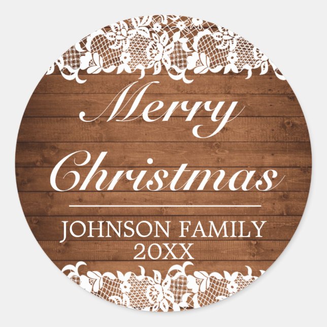 Pegatina Redonda Madera Rusa y Feliz Navidad Blanca (Anverso)