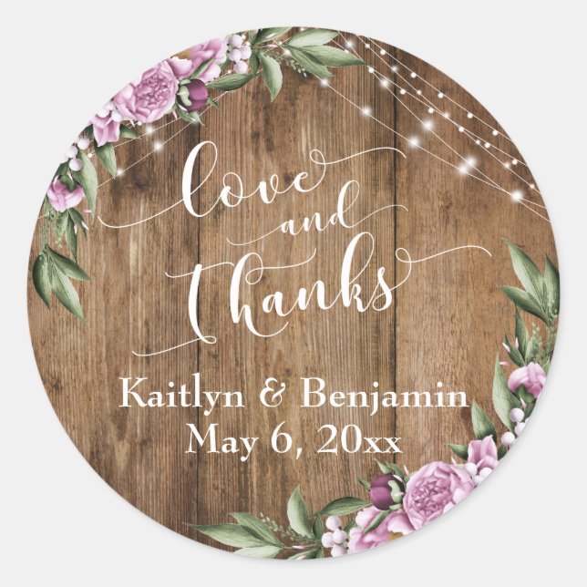 Pegatina Redonda Madera rústica, luces blancas, flores amor y graci (Anverso)