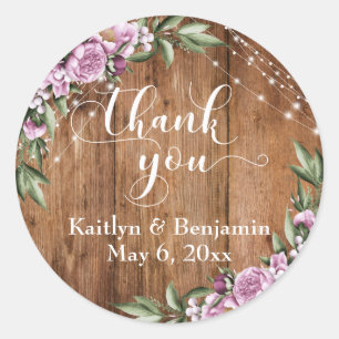 Pegatina Redonda Madera Rústica, Luz Blanca, Flores Gracias