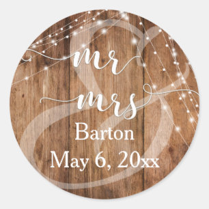 Pegatina Redonda Madera Rústica Marrón, Cadenas Blancas Sr. y Sra.