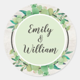 Pegatina Redonda Madera Rústica y Hoja de Eucalipto Nombres Botánic