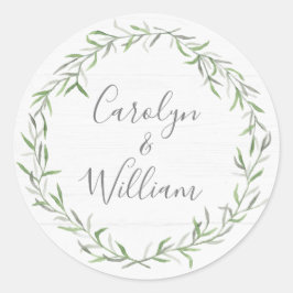 Pegatina Redonda Madera rústica y hojas botánicas Boda Stationery
