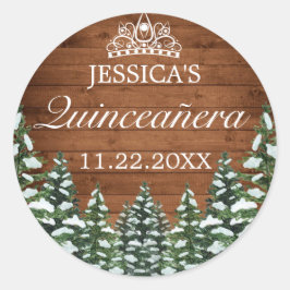 Pegatina Redonda Madera y bosque de nieve Pine Tiara Quinceanera