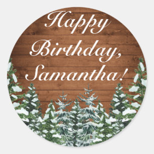Pegatina Redonda Madera y bosques de nieve Pine Happy Birday