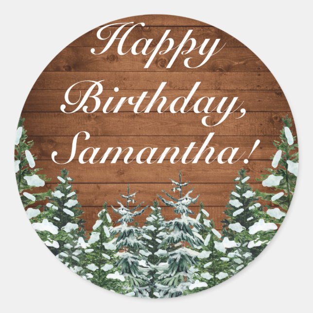 Pegatina Redonda Madera y bosques de nieve Pine Happy Birday (Anverso)