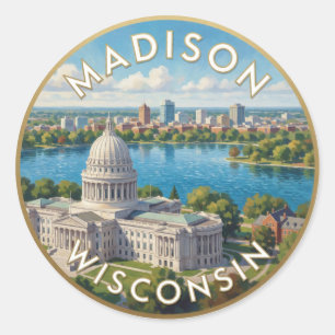 Pegatina Redonda Madison Wisconsin Orilla del Lago Escena Capital �