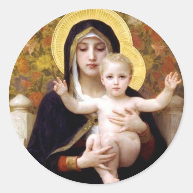 Pegatina Redonda Madona con la pintura antigua de Bouguereau de los (Anverso)