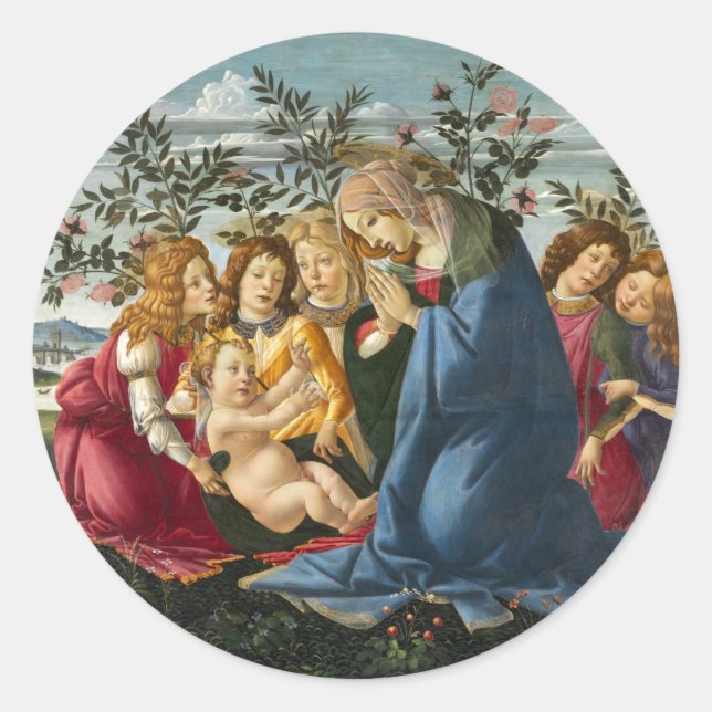Pegatina Redonda Madonna Adorando al niño con 5 ángeles Botticelli (Anverso)