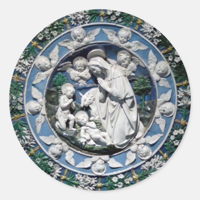 Pegatina Redonda Madonna Adorando al niño por Della Robbia (Anverso)