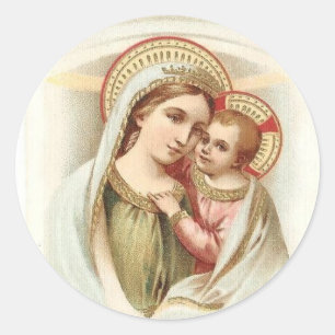 Pegatina Redonda Madonna bendijo a Maria con el bebé Jesús