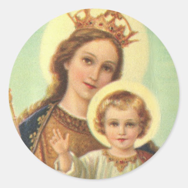 Pegatina Redonda Madonna Bendijo a María con el Niño Jesús (Anverso)