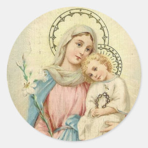 Pegatina Redonda Madonna Bendijo a María con el Niño Jesús