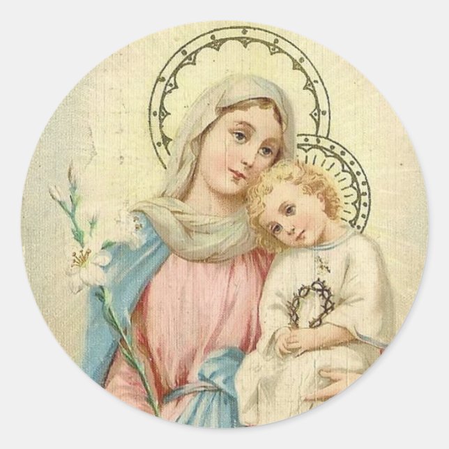 Pegatina Redonda Madonna Bendijo a María con el Niño Jesús (Anverso)