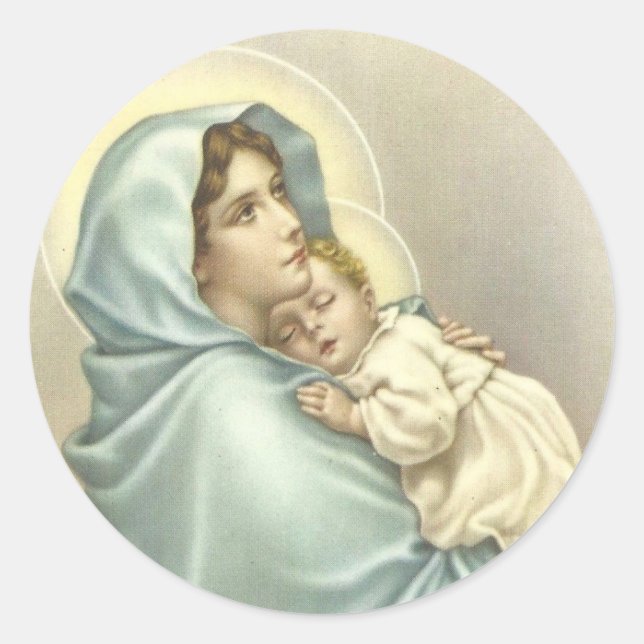 Pegatina Redonda Madonna Bendijo a María con el Niño Jesús (Anverso)