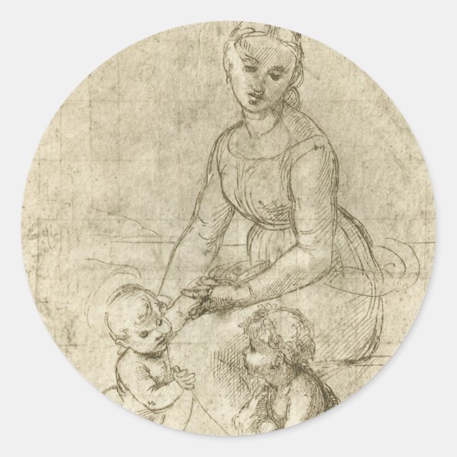 Pegatina Redonda Madonna, Cristo y San Juan Bautista de Rapahel (Anverso)