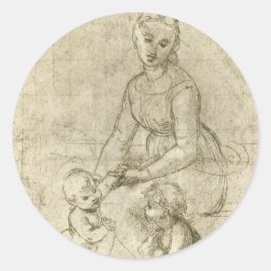 Pegatina Redonda Madonna, Cristo y San Juan Bautista por Rapahel