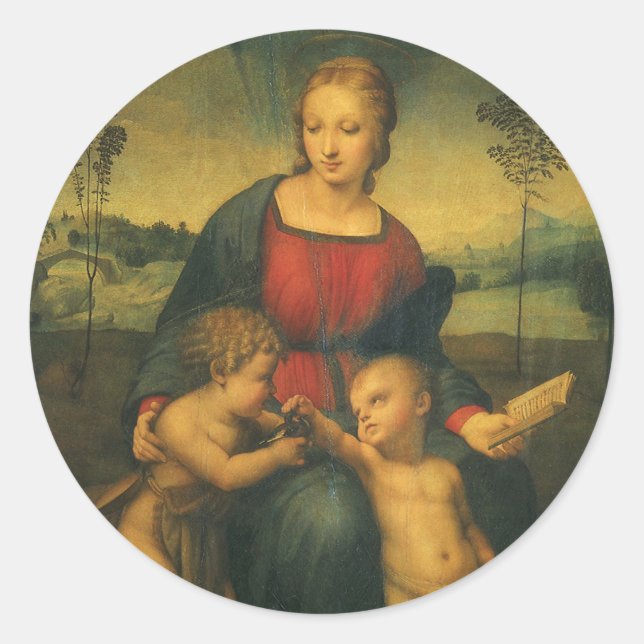Pegatina Redonda Madonna de Goldfinch por Raphael Sanzio (Anverso)