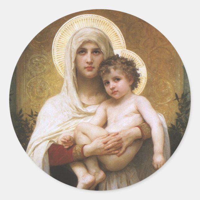 Pegatina Redonda Madonna de los Rosas de Bouguereau (Anverso)