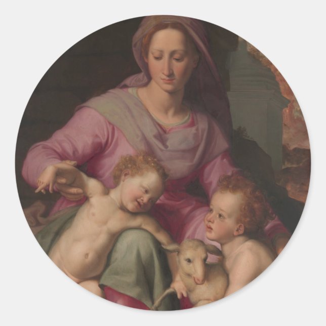 Pegatina Redonda Madonna e hijo con San Juan Bautista (Anverso)