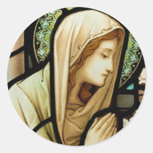 Pegatina Redonda Madonna en vidrio manchado de oración