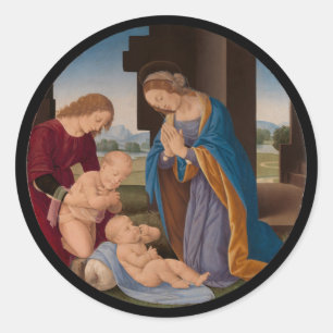 Pegatina Redonda Madonna que adora al niño con el santo infantil