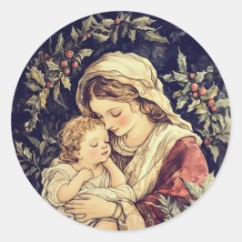 Pegatina Redonda Madonna y la Navidad de los Niños Vintage
