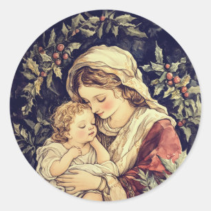 Pegatina Redonda Madonna y la Navidad de los Niños Vintage