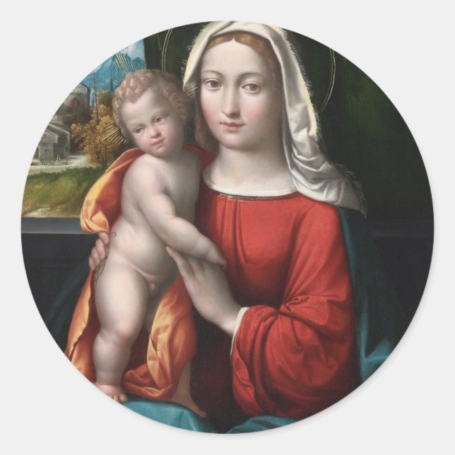 Pegatina Redonda Madonna Y Niño (Anverso)